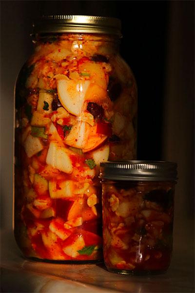 Fruit kimchi makes an invigorating breakfast, hunger-curbing snack, or guilt-free dessert. A deliciously evolving journey, the flavor changes the longer it ferments.